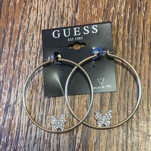 GUESS Silver Hoop Earrings with Crystal Butterfly